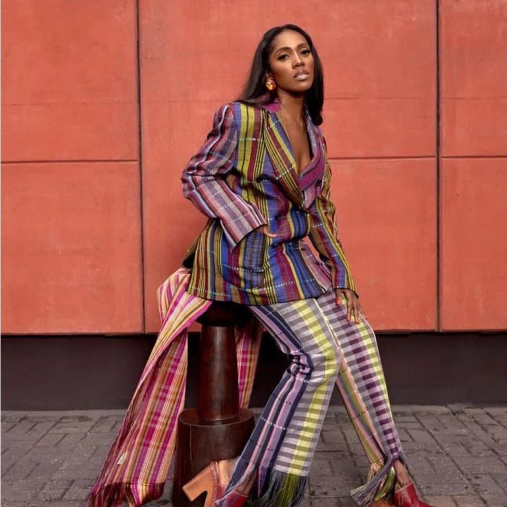 Kenneth Ize XS woven plaid fringe pants